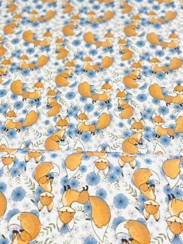 Baumwolljersey Füchse im Blumenmeer fuchsia jeansblau