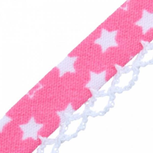 Schrägband mit Häkelborte Sterne pink