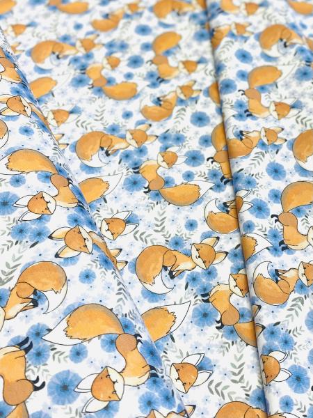 Baumwolljersey Füchse im Blumenmeer fuchsia jeansblau